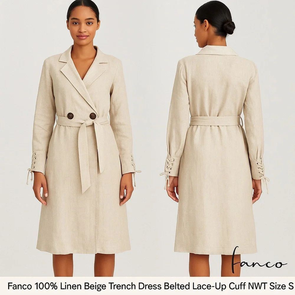 NWT, Fanco 100% Linen Beige Trench Dress Belted Lace-Up Cuff NWT Size S - Picture 16 of 16